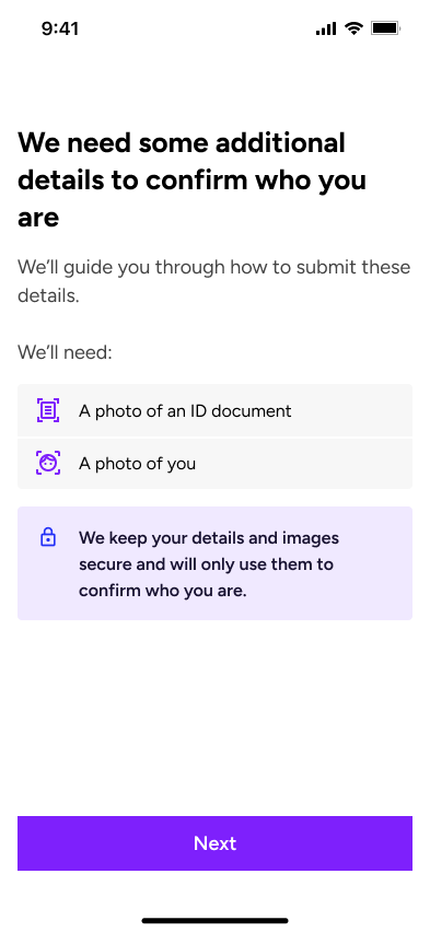 Identity verification introduction explaining the required ID document and selfie