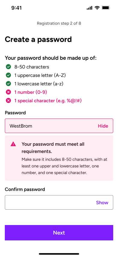 Registration password screen showing validation requirements and an error message