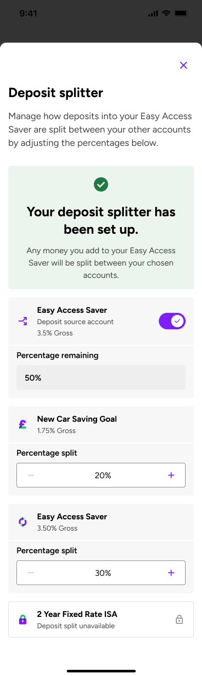 Deposit Splitter completion screen confirming the account allocations