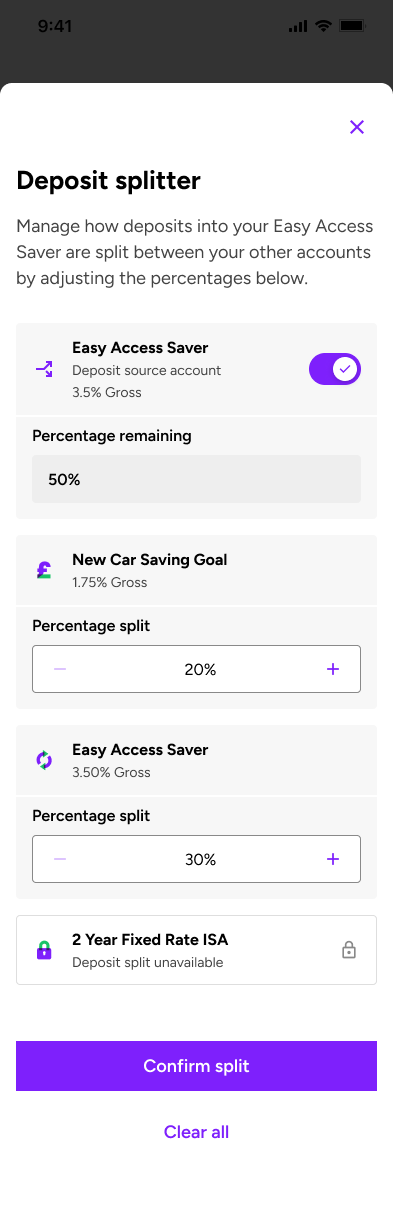 Deposit Splitter screen showing edited account allocations