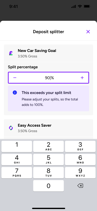 Deposit Splitter screen showing allocation validation guidance