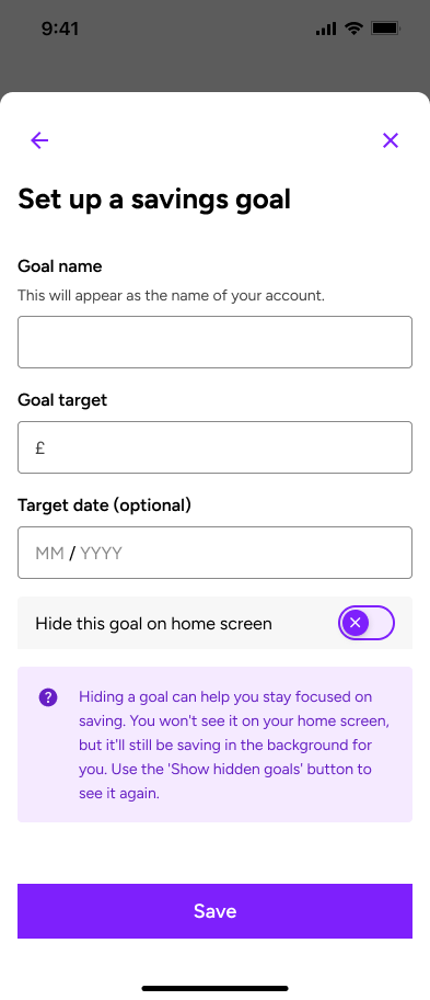 Savings Goal setup screen for entering goal details
