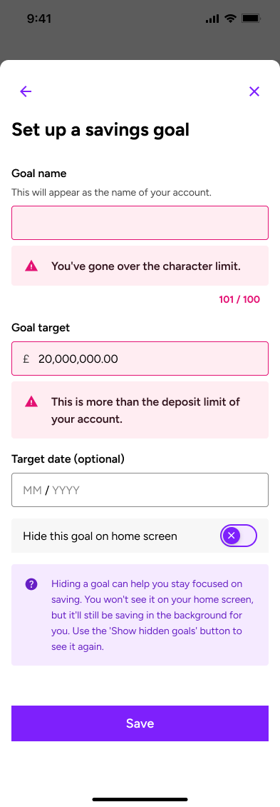 Savings Goal setup screen showing validation guidance