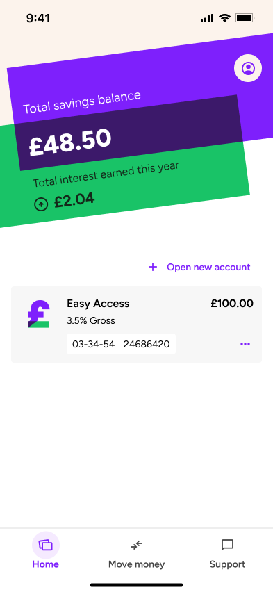 App home screen showing total savings, interest earned and an Easy Access account