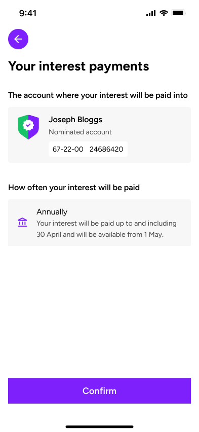 Account preference screen confirming where and how often interest is paid