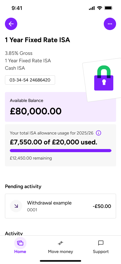 Fixed Rate ISA account detail screen showing balance, ISA allowance and recent activity