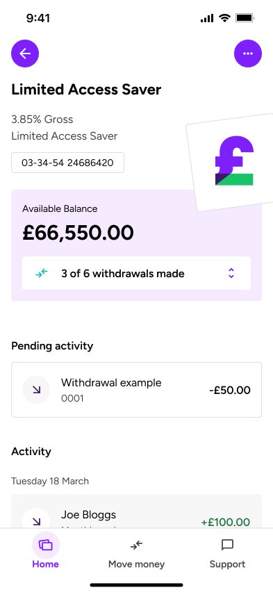 Limited Access Saver account detail screen showing balance, withdrawals and recent activity