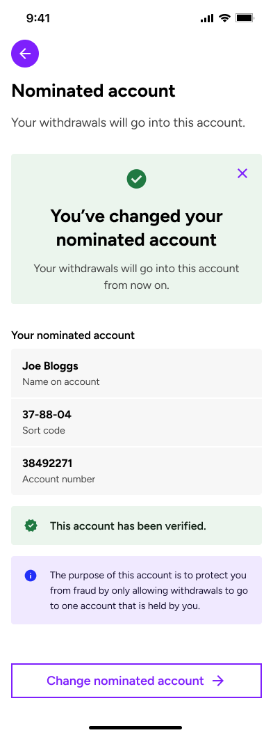 Nominated account screen confirming the verified account used for withdrawals