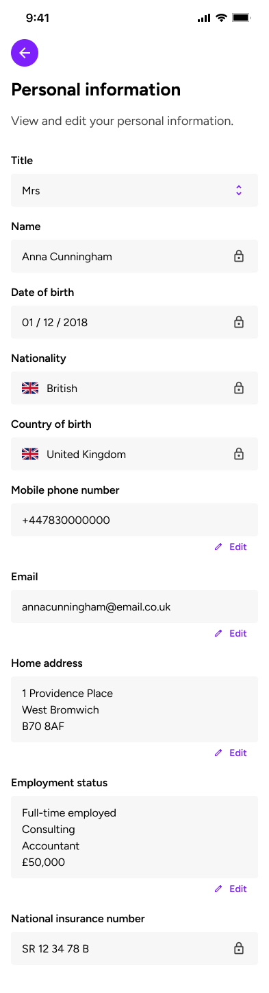 Personal information screen showing editable contact, address and employment details