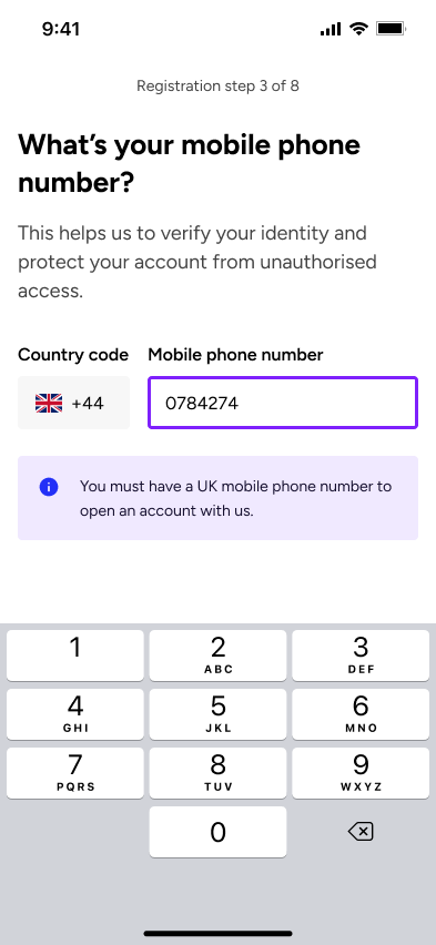 Registration screen asking for a UK mobile phone number