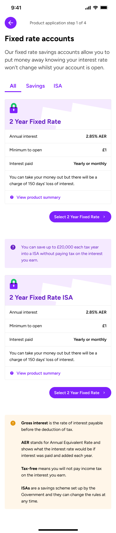 Product application screen listing fixed rate savings accounts