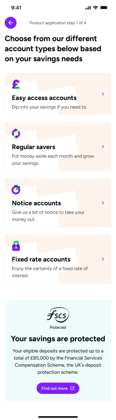 Product application screen listing savings account types