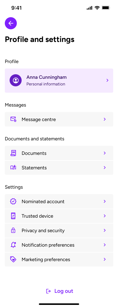Profile and settings overview with links to personal information, messages, documents and account preferences