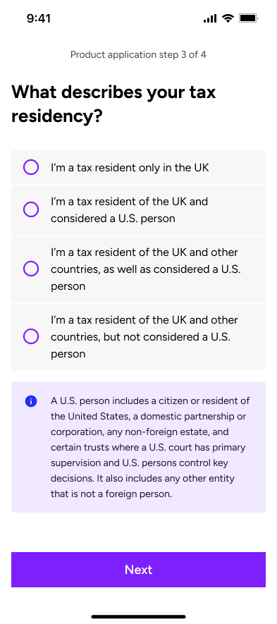 Product application screen asking about the customer's tax residency