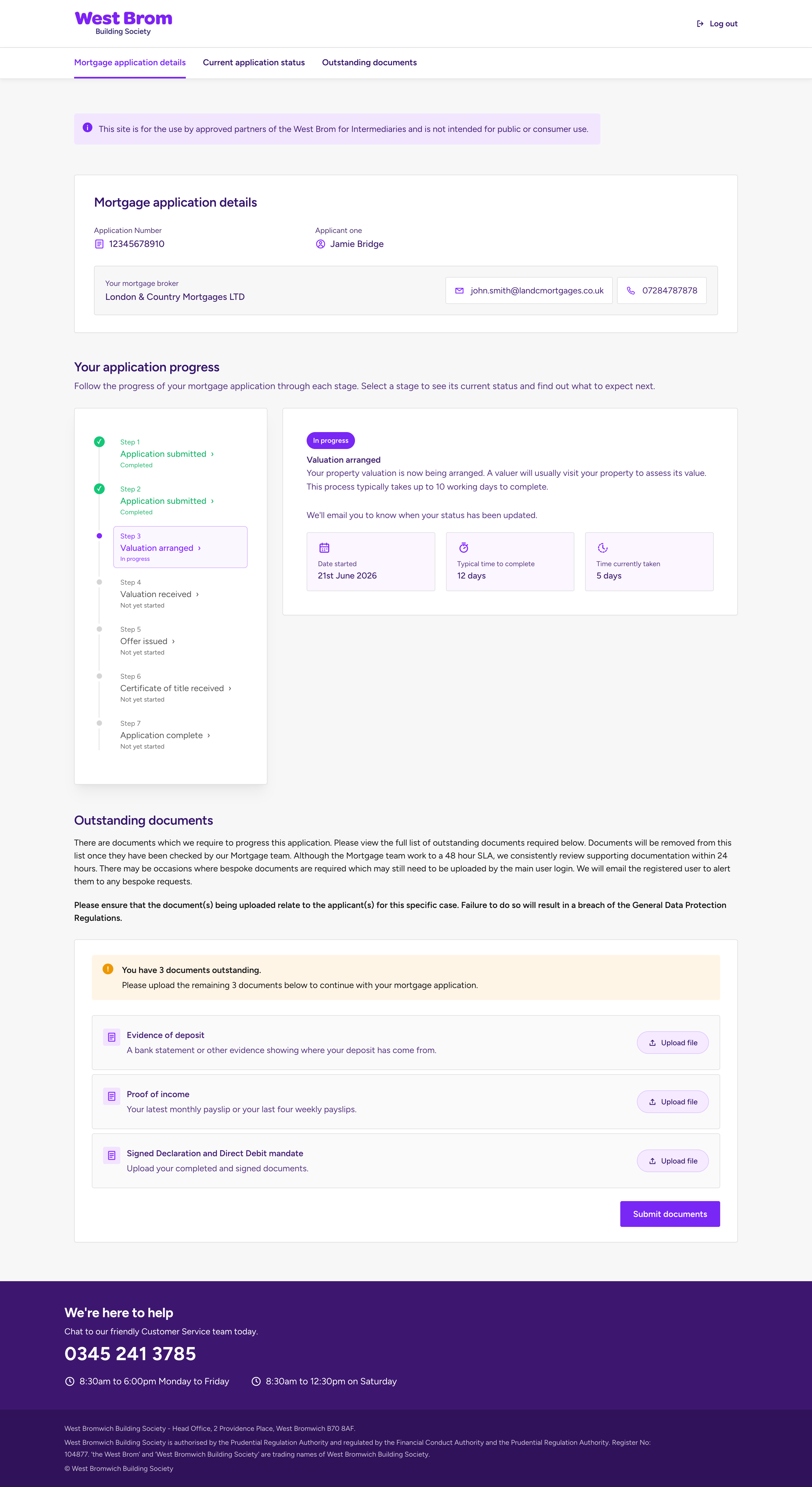 Redesigned West Brom mortgage tracker with progress timeline and document upload tasks